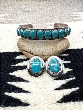 Jay King Southwest Sterling Silver Turquoise Inlay Earrings Cuff Bracelet Set